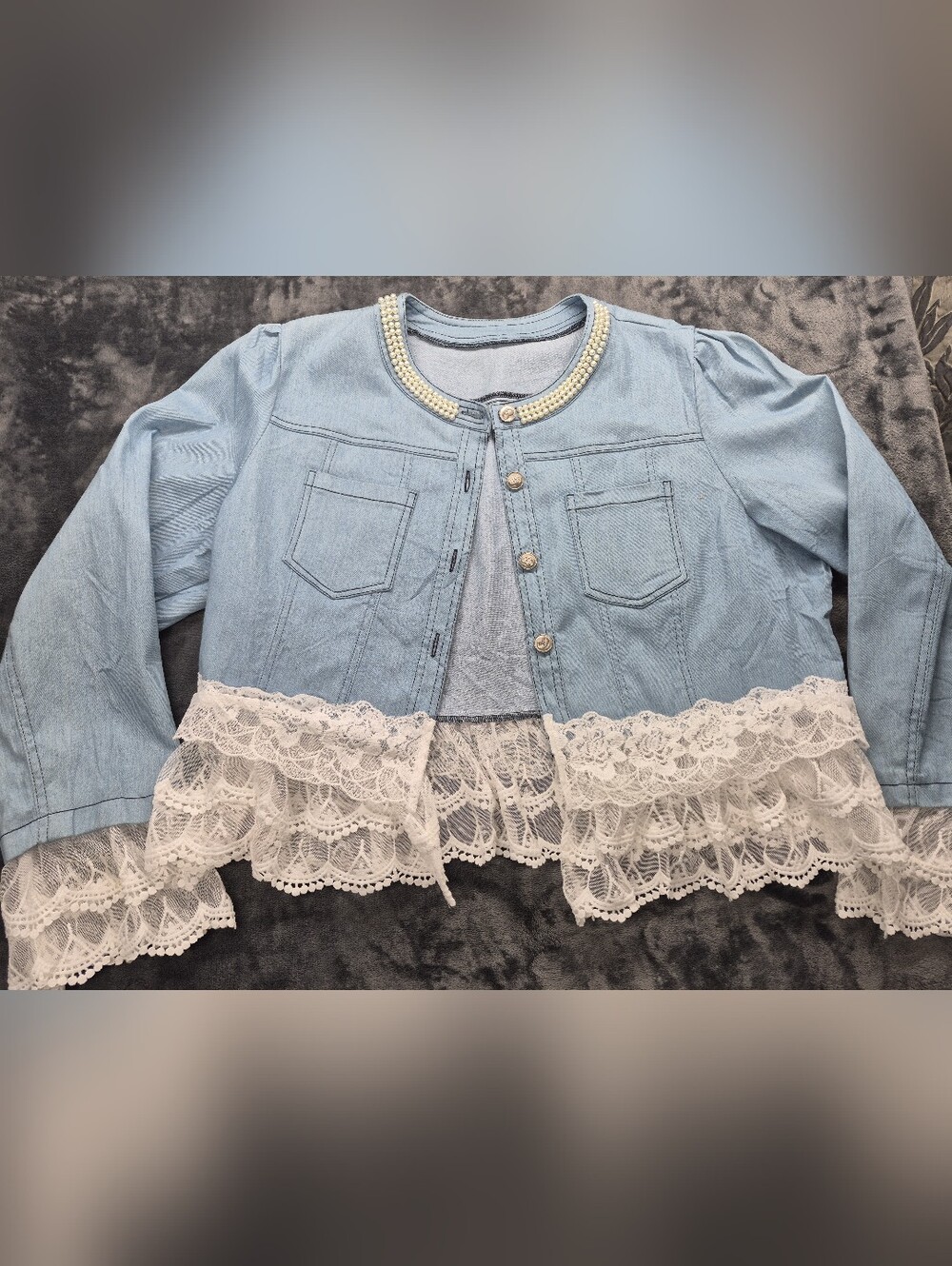 Cropped Denim Jacket Embellished with Pearls and Lace Women's Size 3XL